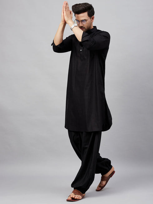 Men's Black Cotton Blend Pathani Suit Set